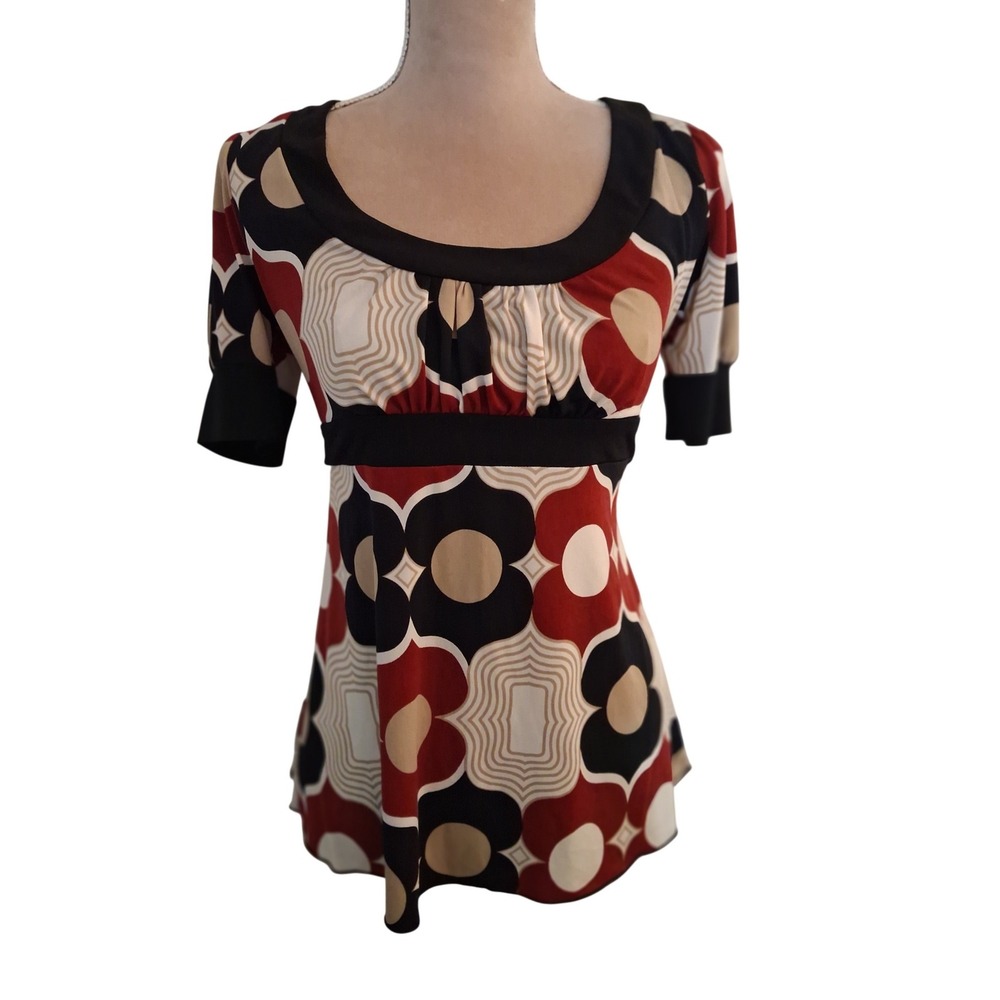 Takara Womens Retro Floral Empire Waist Tunic Top Red Black Tan Size Medium
